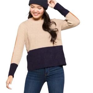 Pinque Zora Ribbed Long Sleeve Pullover Sweater in Navy/Gold/Tan